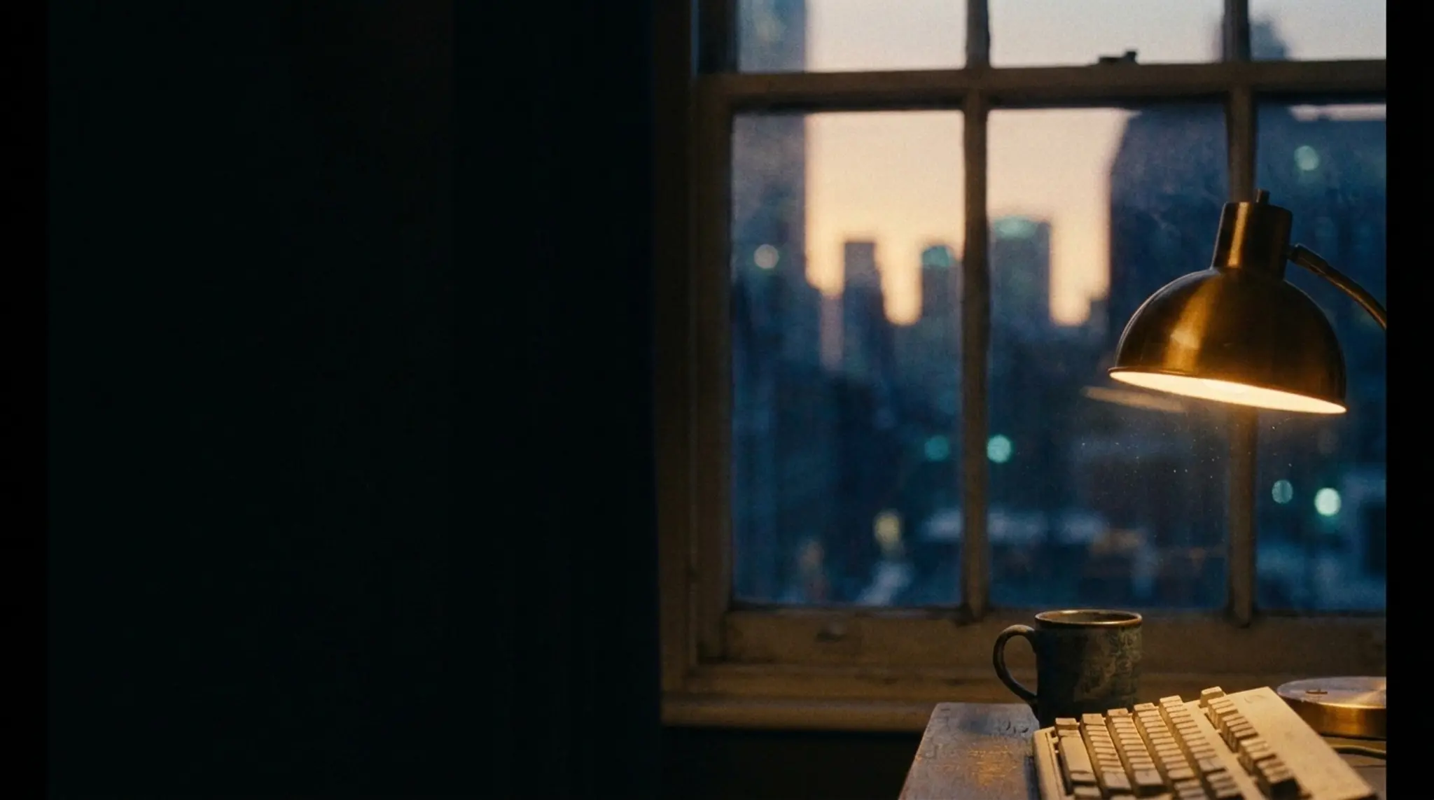 First light through a window over a quiet desk, the lamp still on — stylized generated scene.